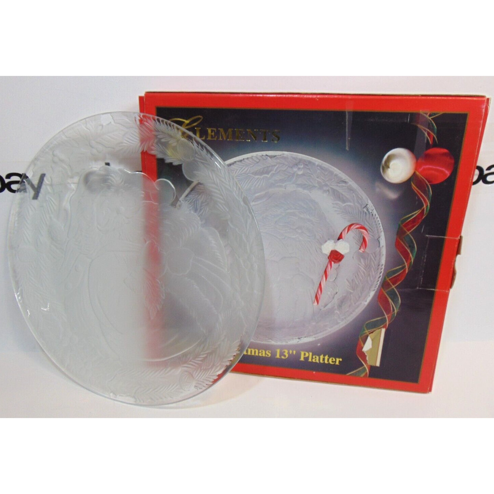 Serving Platter 13" Christmas Vintage Elements Santa Clause Etched White Glass